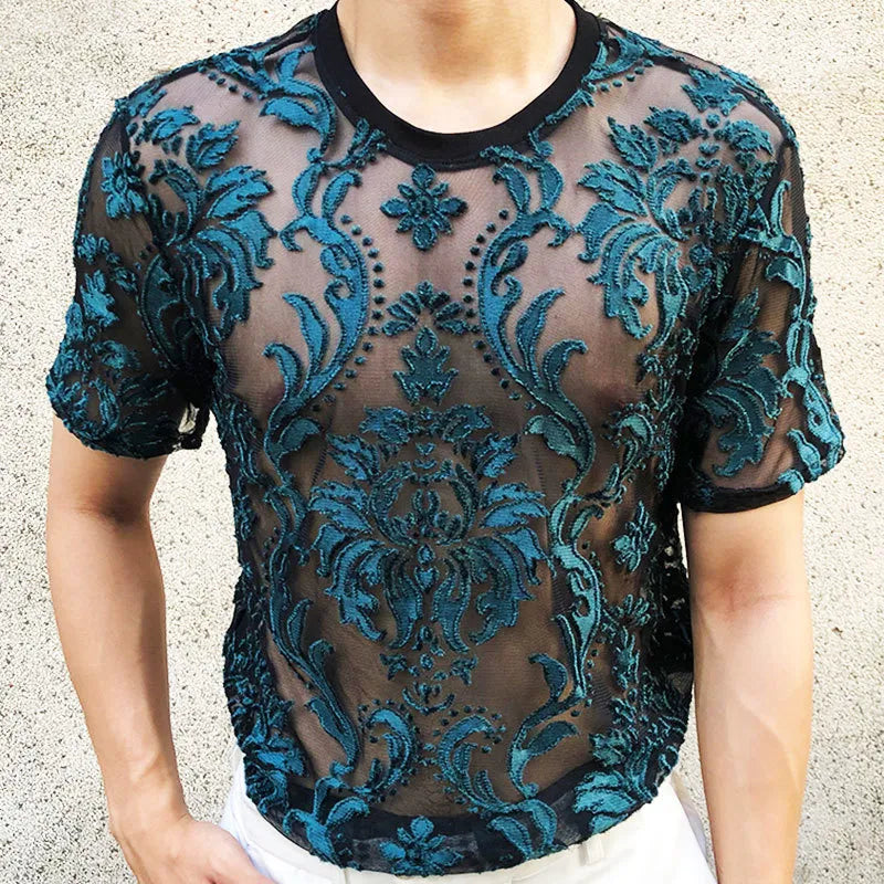 Floral Soft Velvet Slim See Through T-Shirt