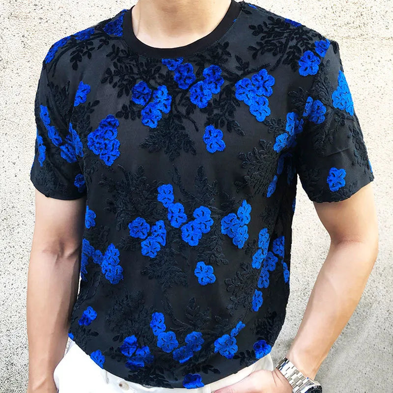 Floral Soft Velvet Slim See Through T-Shirt
