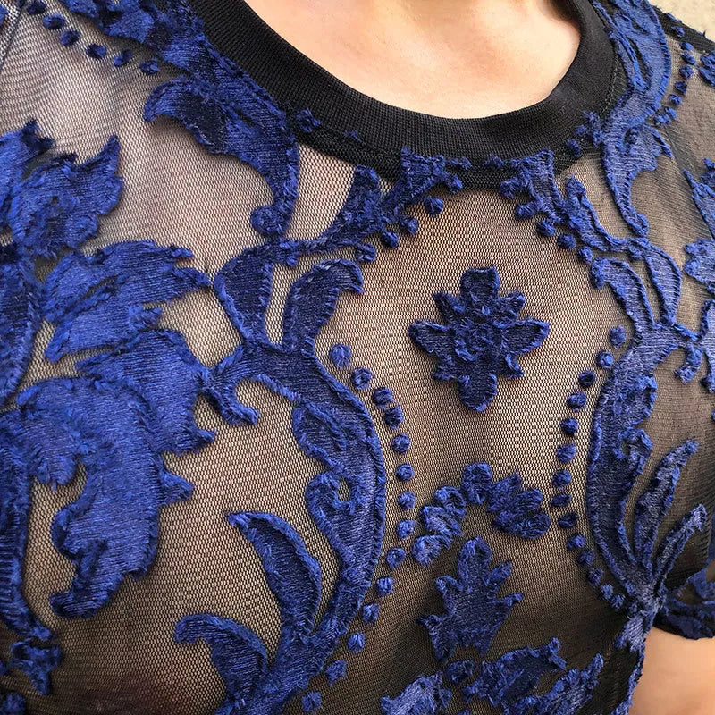 Floral Soft Velvet Slim See Through T-Shirt