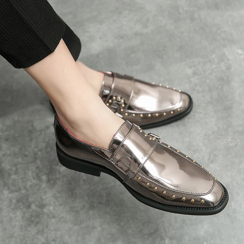 Shiny Color Rivet Leather Monk Shoes