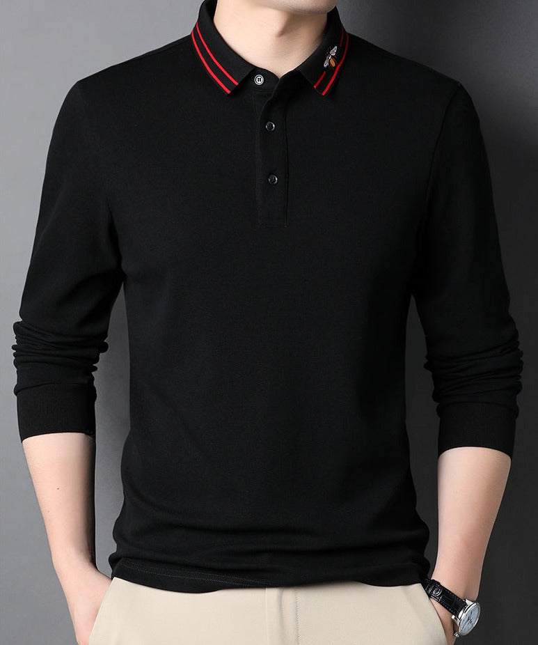 Striped Bee Embroidery Collar Polo Shirt