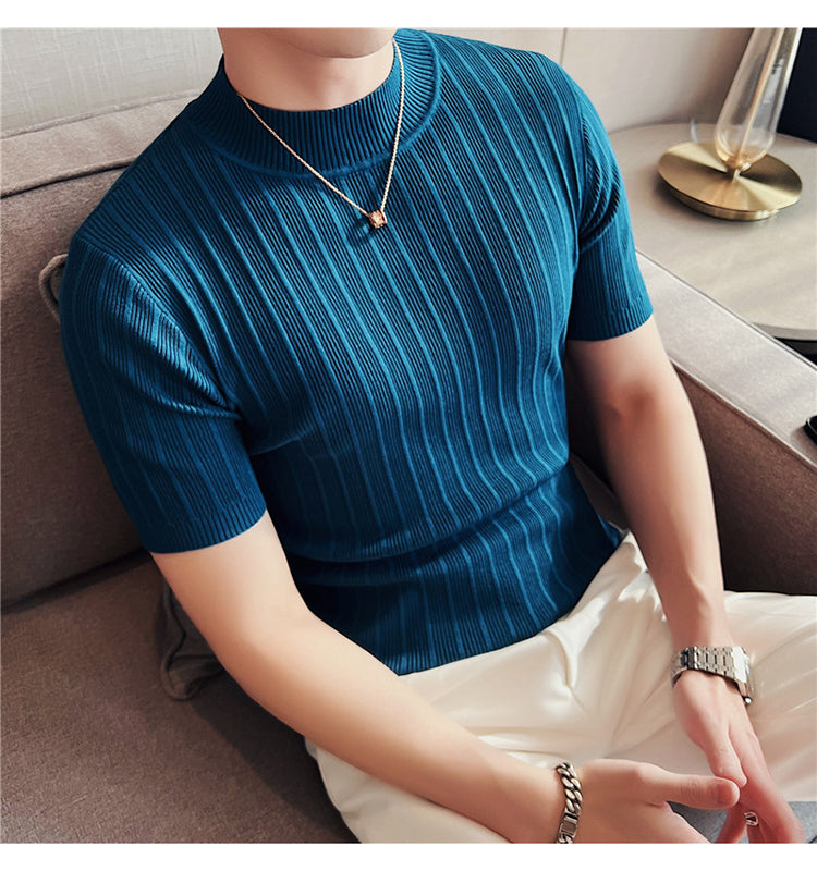 Knitted Elasticity Stripes Polyester T-Shirt