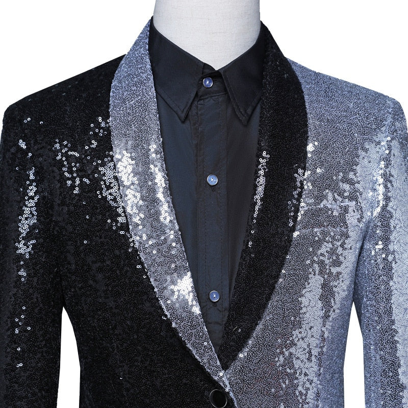 Black Silver Sequins Shawl Lapel Casual Men Blazer