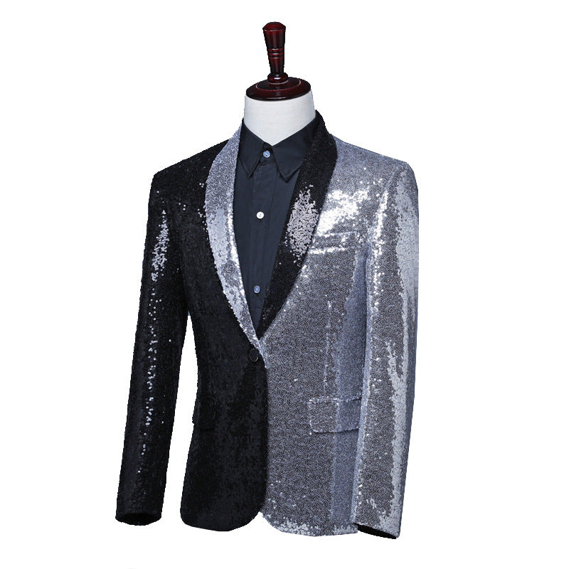 Black Silver Sequins Shawl Lapel Casual Men Blazer