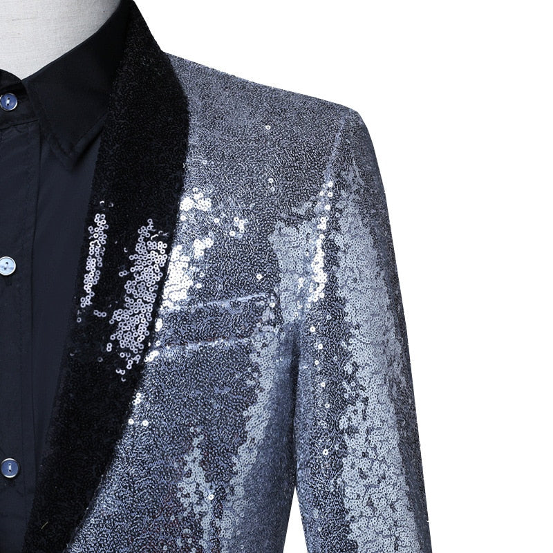 Black Silver Sequins Shawl Lapel Casual Men Blazer