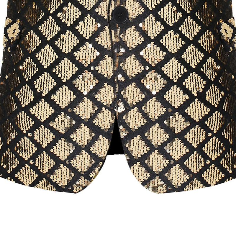 Plaid Pattern Sequins Groom Tuxedo Style Men Blazer