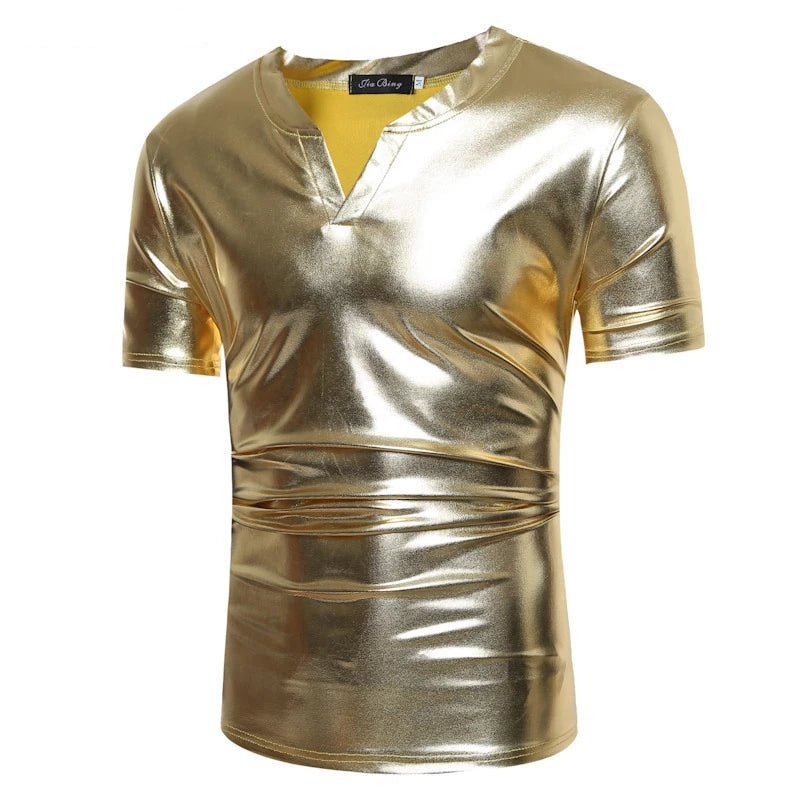 Shiny Coated Metallic V-Neck Casual Style Men T-Shirt