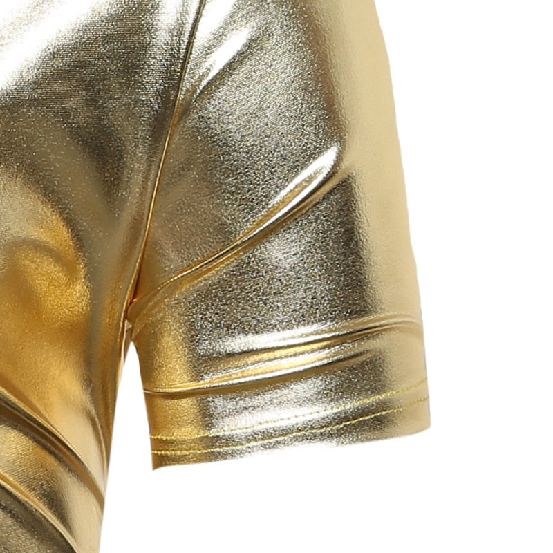 Shiny Coated Metallic V-Neck Casual Style Men T-Shirt