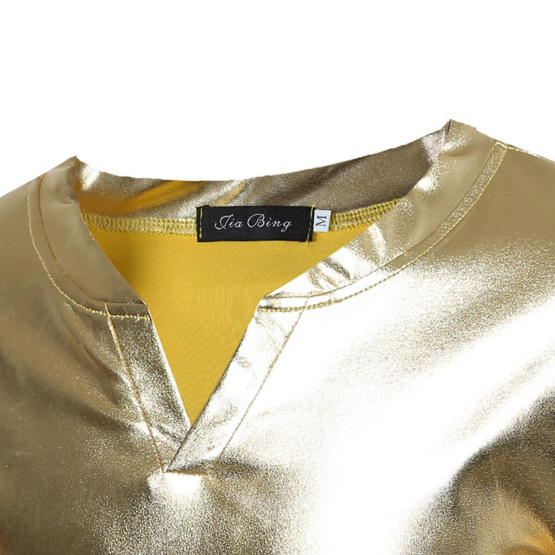 Shiny Coated Metallic V-Neck Casual Style Men T-Shirt