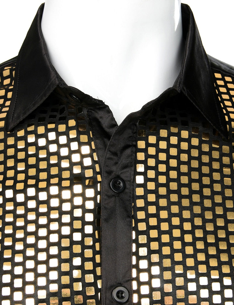Shiny Gold Sequin Black Silk Men Dress Shirt