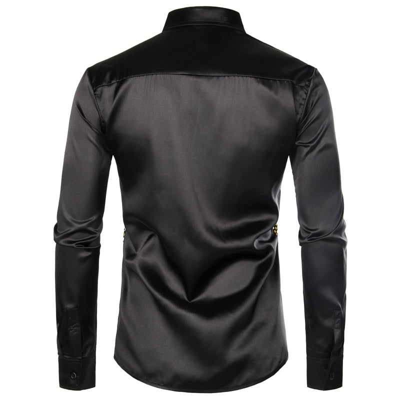 Shiny Gold Sequin Black Silk Men Dress Shirt