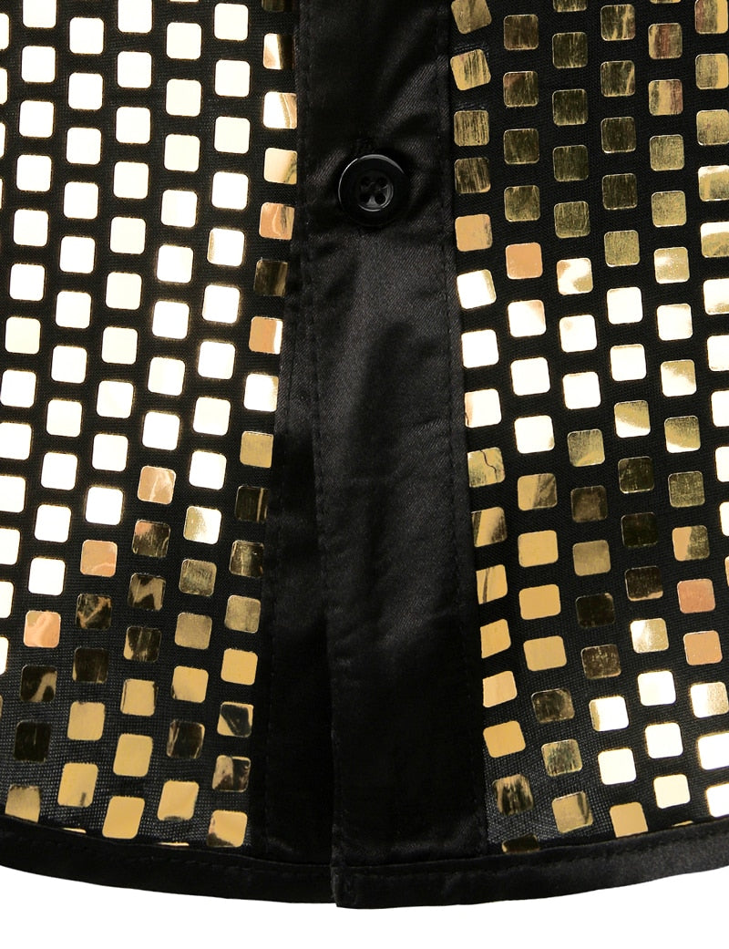 Shiny Gold Sequin Black Silk Men Dress Shirt
