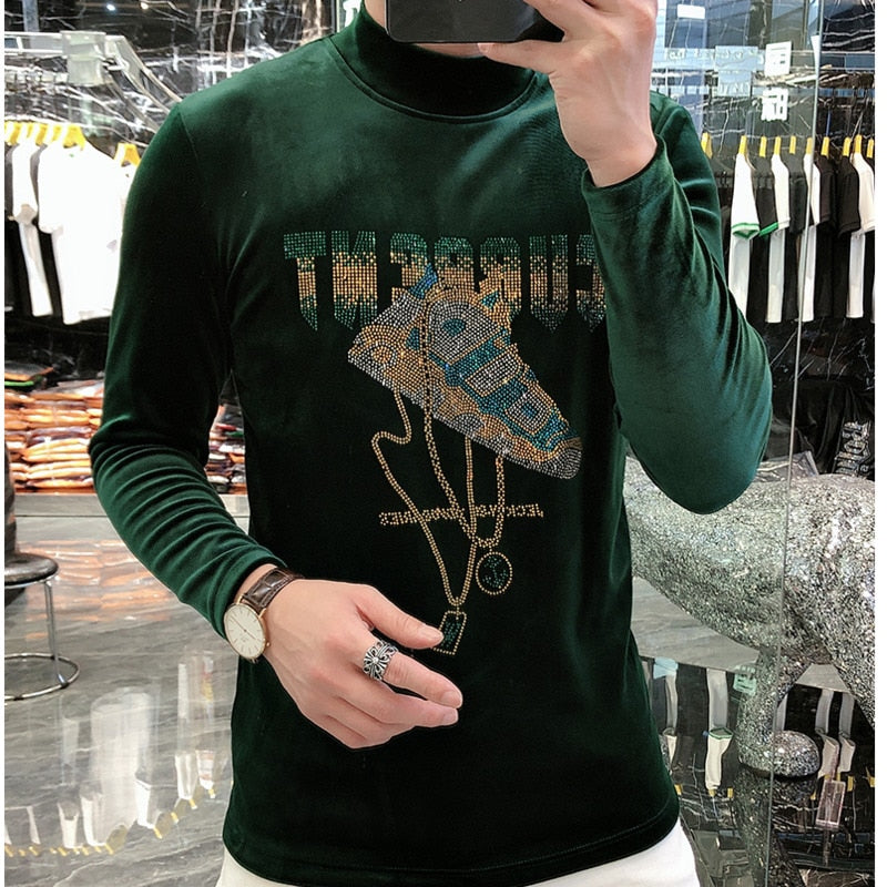 Velvet Rhinestone Decoration Long Sleeve Sweatshirt