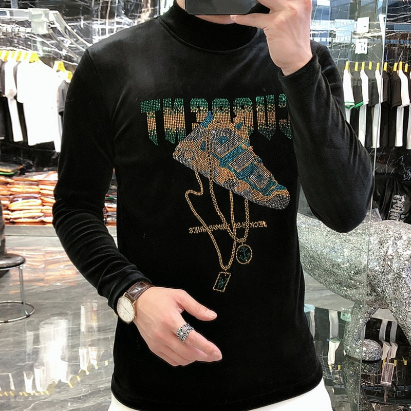 Velvet Rhinestone Decoration Long Sleeve Sweatshirt