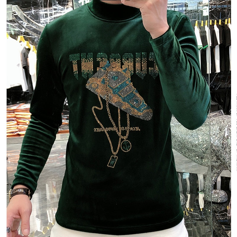 Velvet Rhinestone Decoration Long Sleeve Sweatshirt