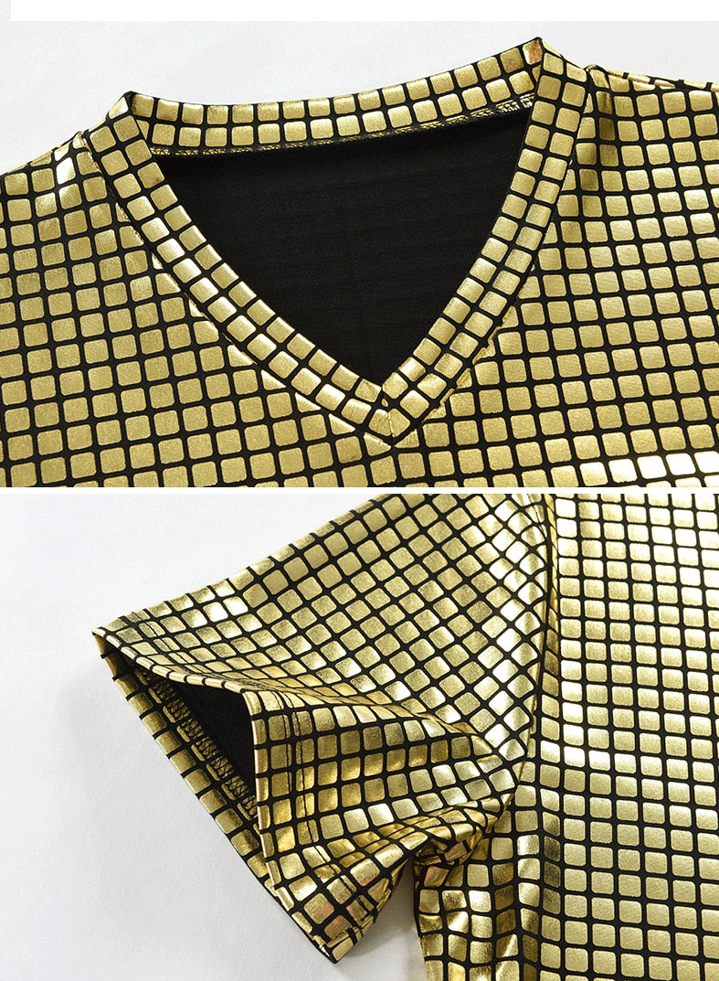 Metallic Plaid Pattern Nightclub Short Sleeve T-Shirt