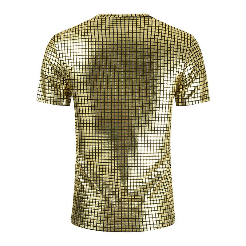 Metallic Plaid Pattern Nightclub Short Sleeve T-Shirt