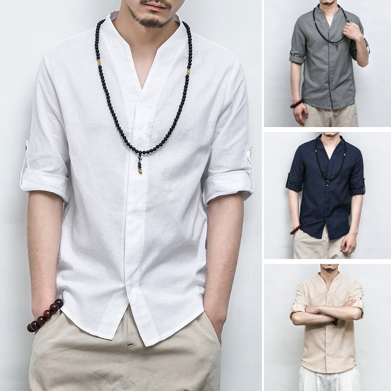 Cotton Linen Three Quarter Sleeve Solid Chinese V Neck Style Men Shirts