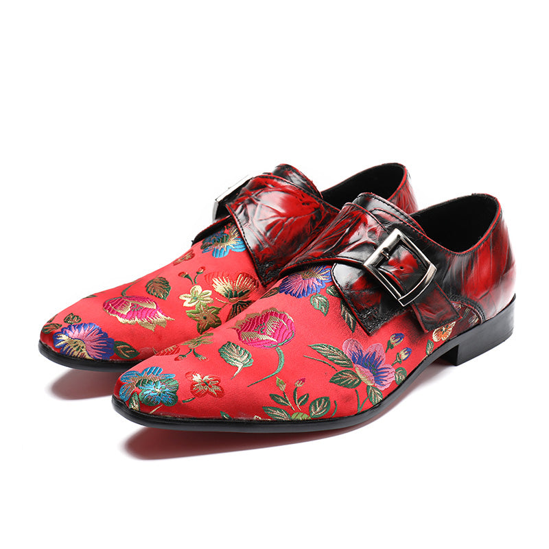Patchwork Leather and Embroidery Fabric Men Monk Strap Shoes
