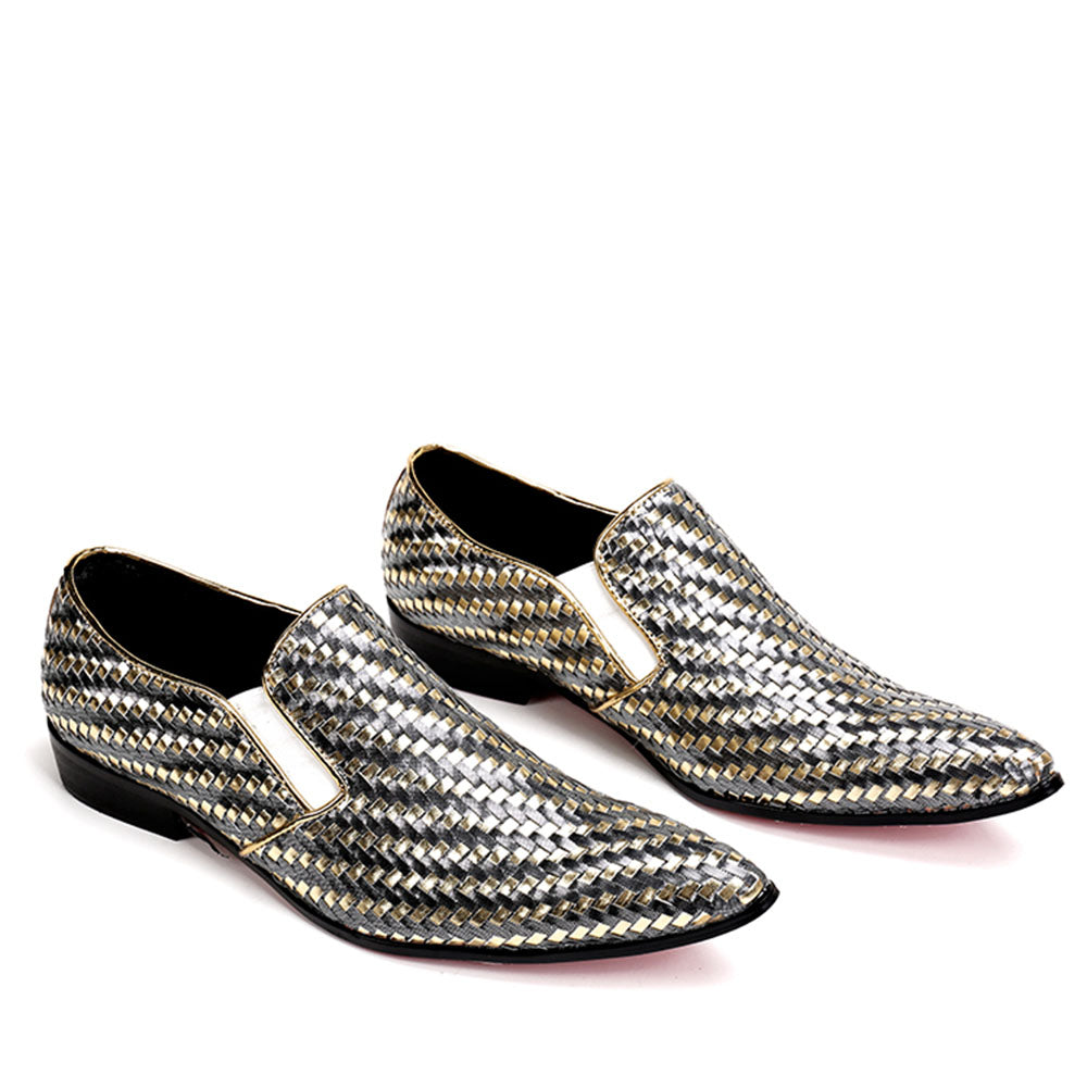 Gold Silver Braided Woven Leather Men Loafers Shoes