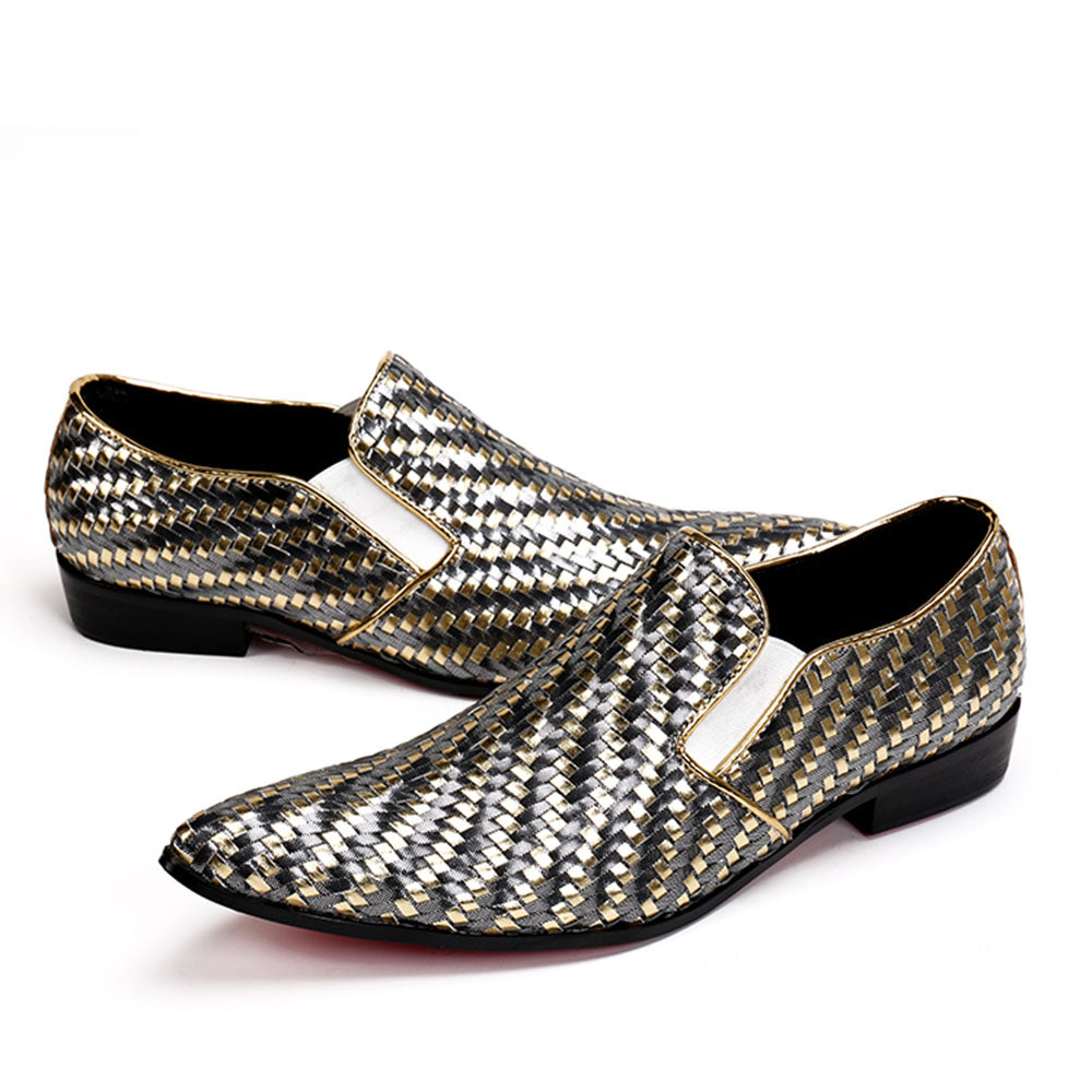 Gold Silver Braided Woven Leather Men Loafers Shoes