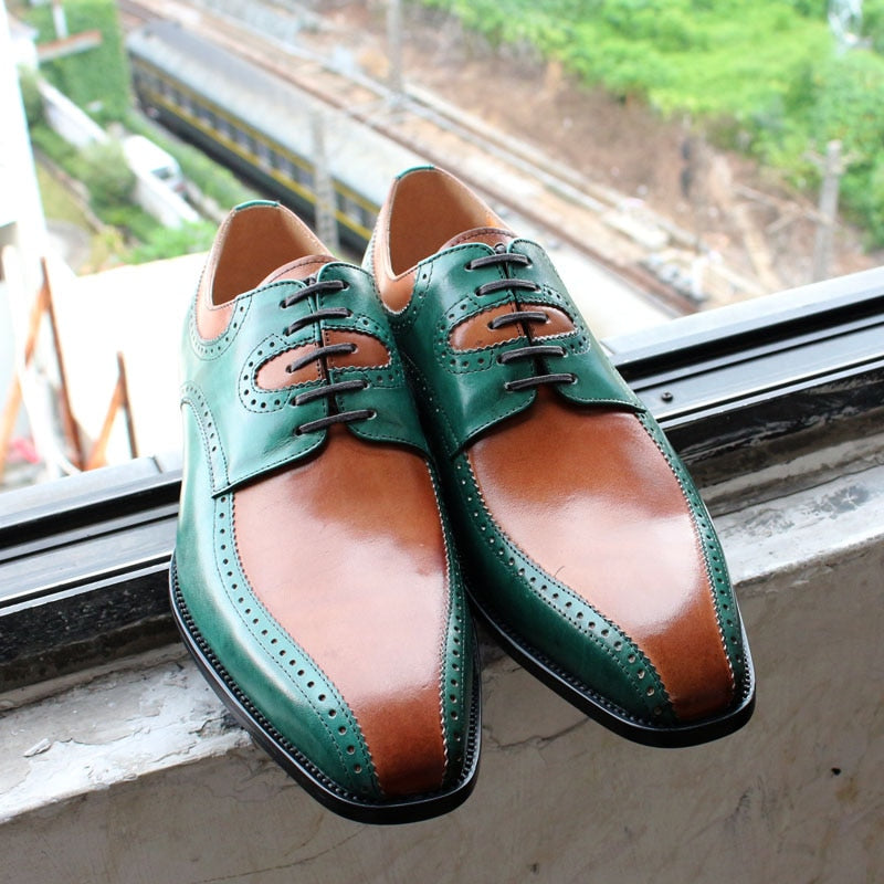 Italian Handmade Leather Green & Camel Brogue Shoes