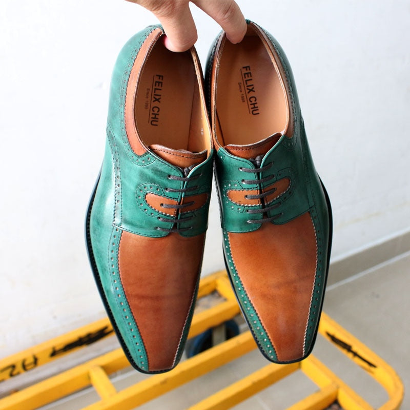 Italian Handmade Leather Green & Camel Brogue Shoes
