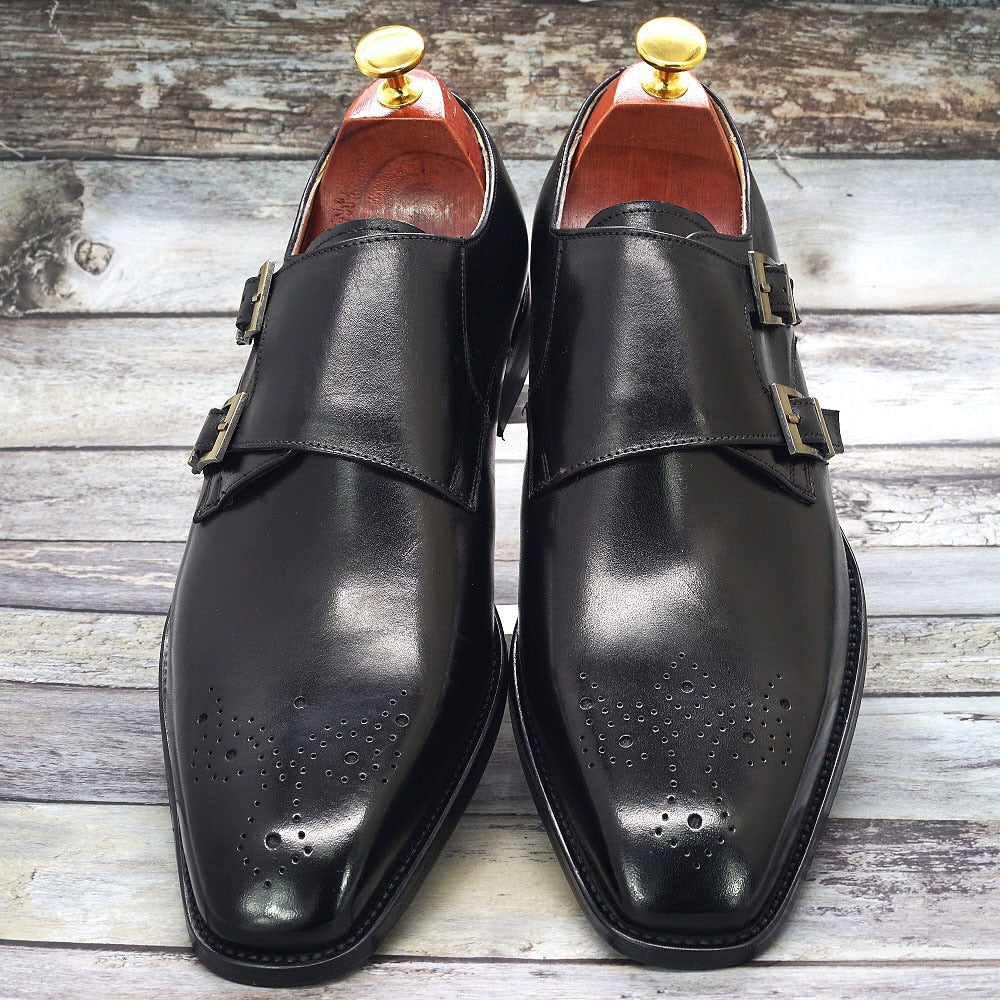 Medallion-Toed Leather Monk Shoes