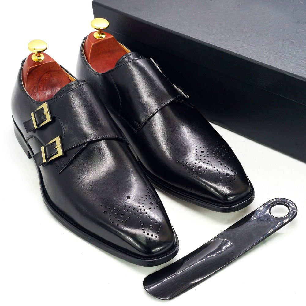Medallion-Toed Leather Monk Shoes