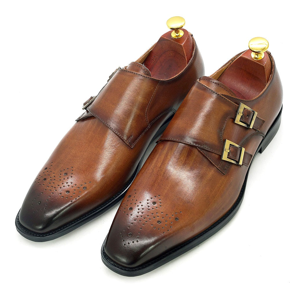 Medallion-Toed Leather Monk Shoes