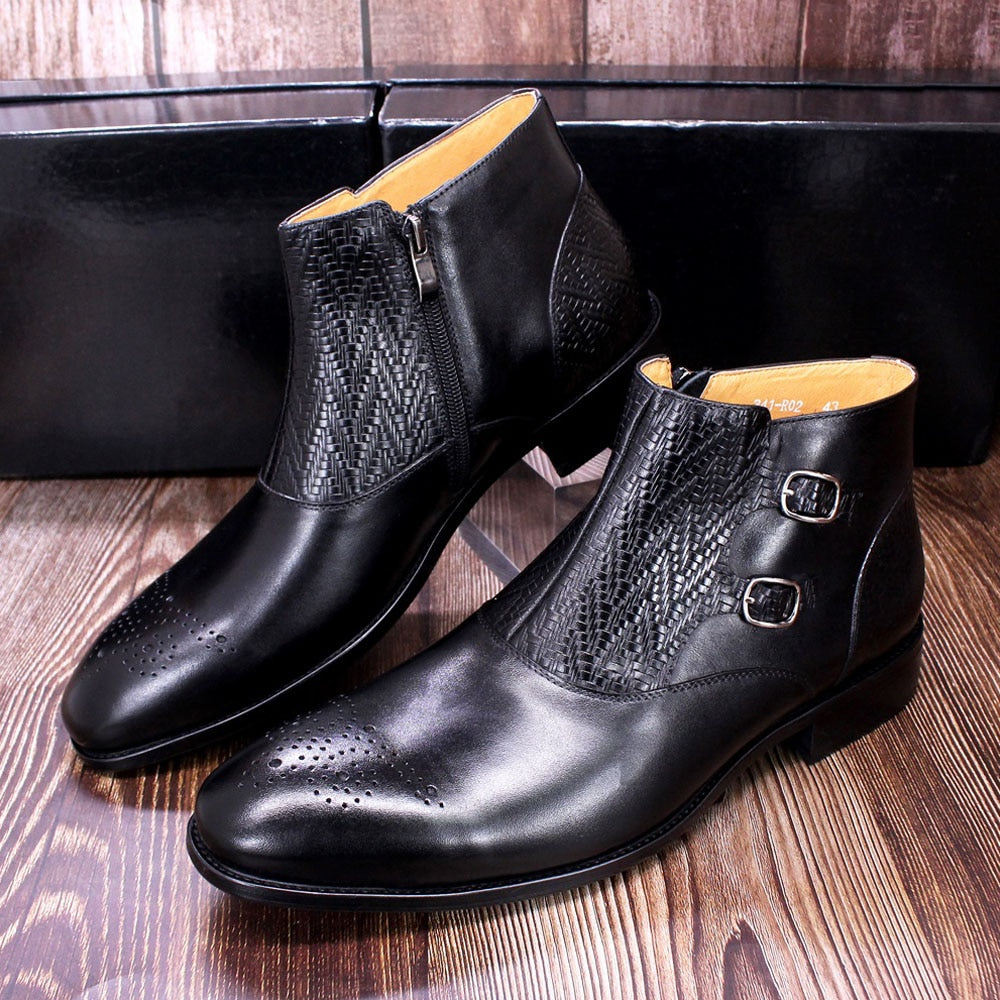 Genuine Leather Handmade Zip Double Buckles Ankle Boots