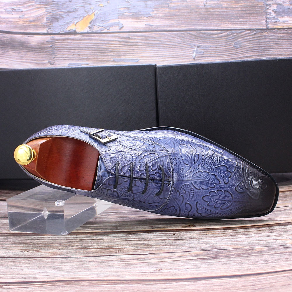 Blue Floral Design Buckle Lace-Up Oxford Shoes