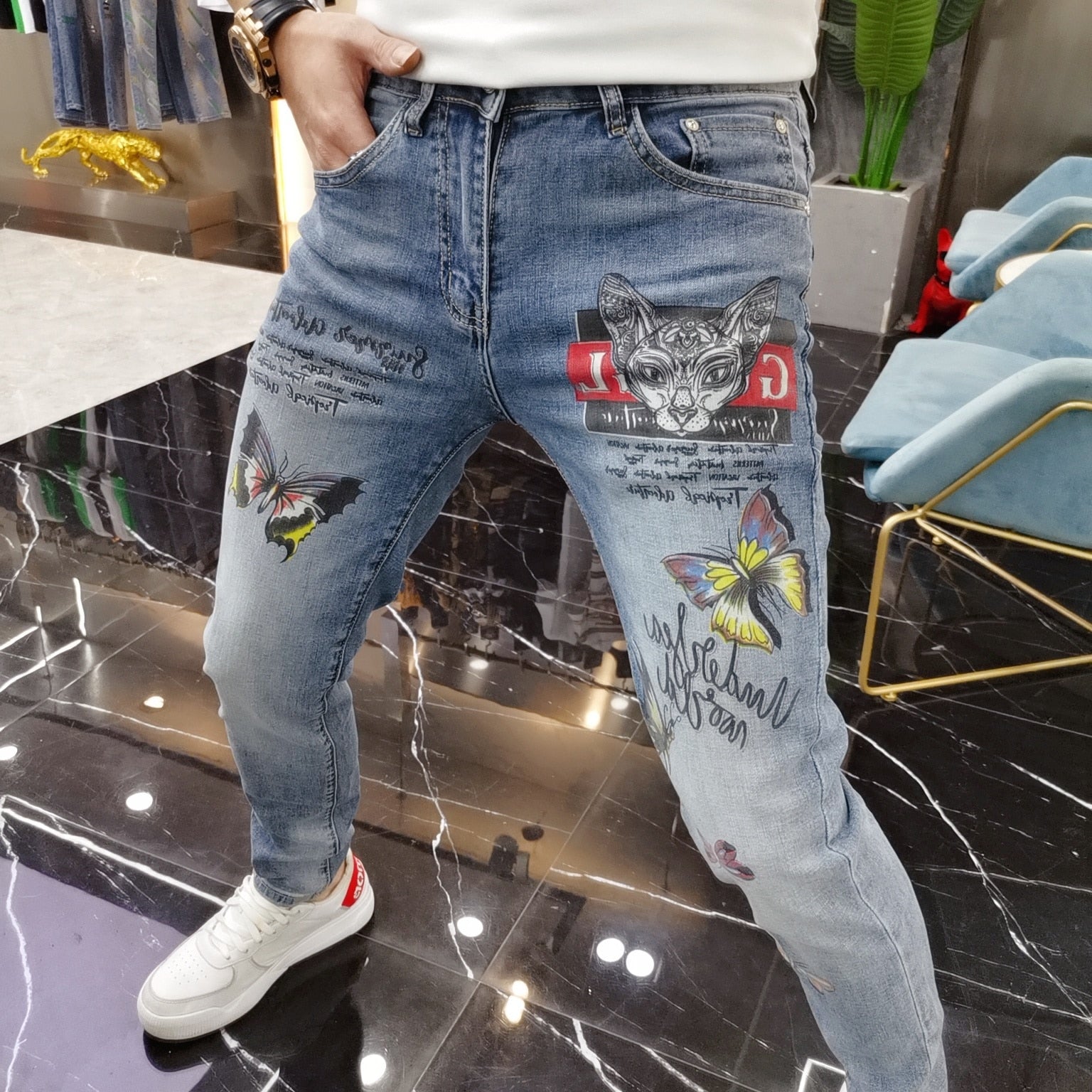 Cat Butterfly Printed Slim Jeans
