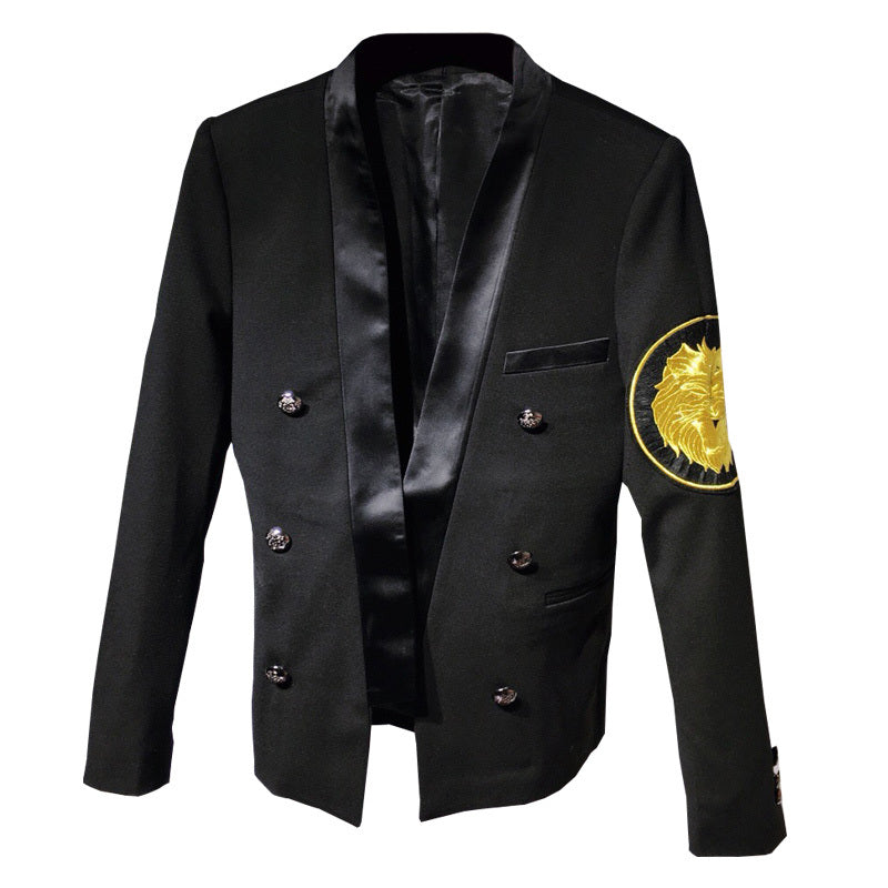Lion Head Round Embroidery Sleeves Detail Men Black Blazer