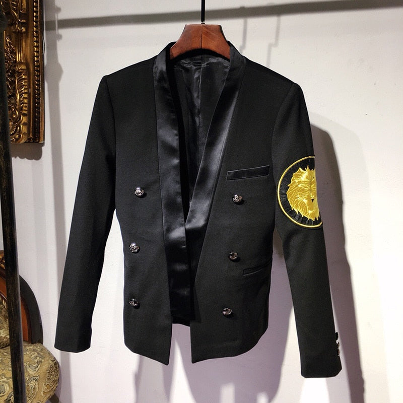 Lion Head Round Embroidery Sleeves Detail Men Black Blazer