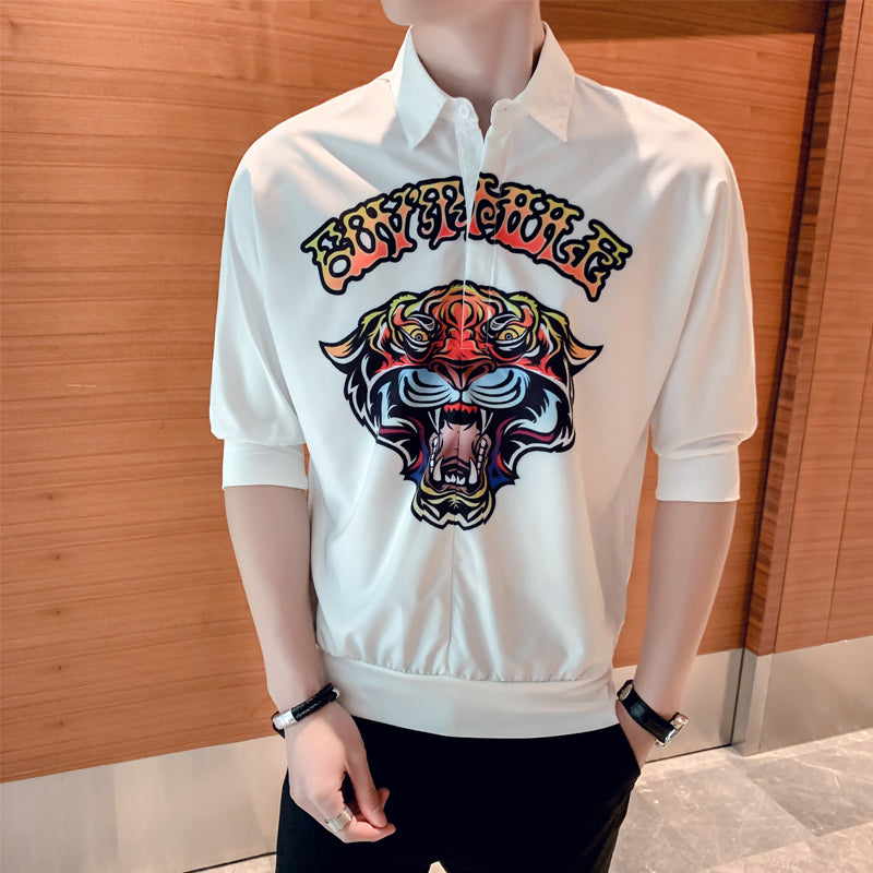 Tattoo Style Tiger Print Men Quarter Sleeve Shirt