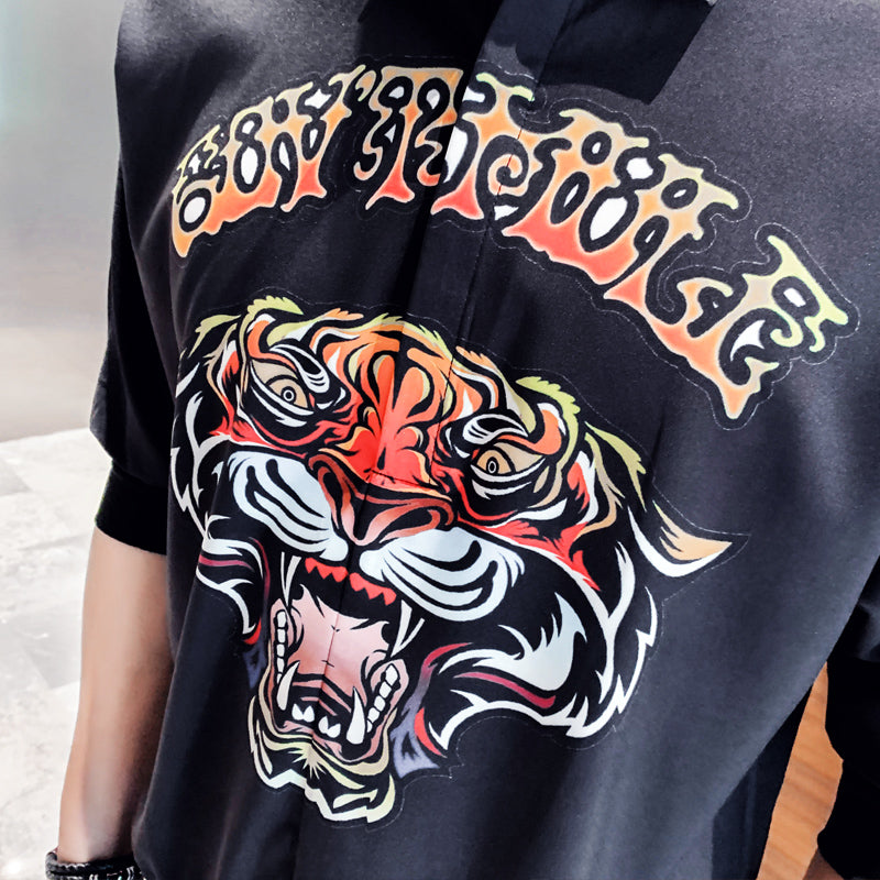 Tattoo Style Tiger Print Men Quarter Sleeve Shirt