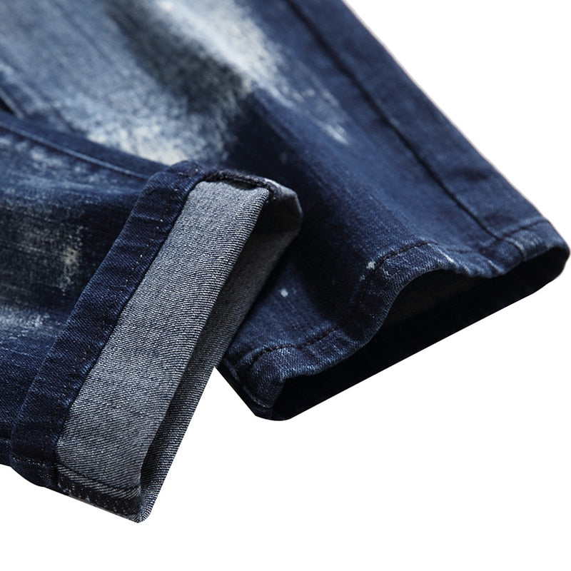 Blue Denim Beauty and Wolf Print Stretch Slim Casual Men Jeans