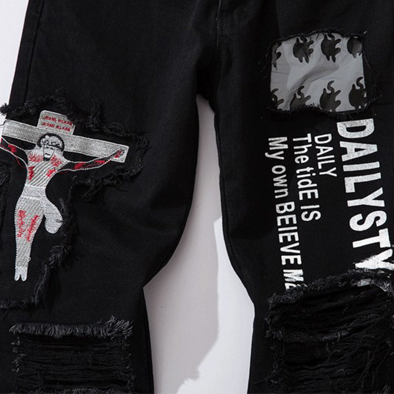 Crucifix Embroidery Patchwork Men Ripped Knee Jeans