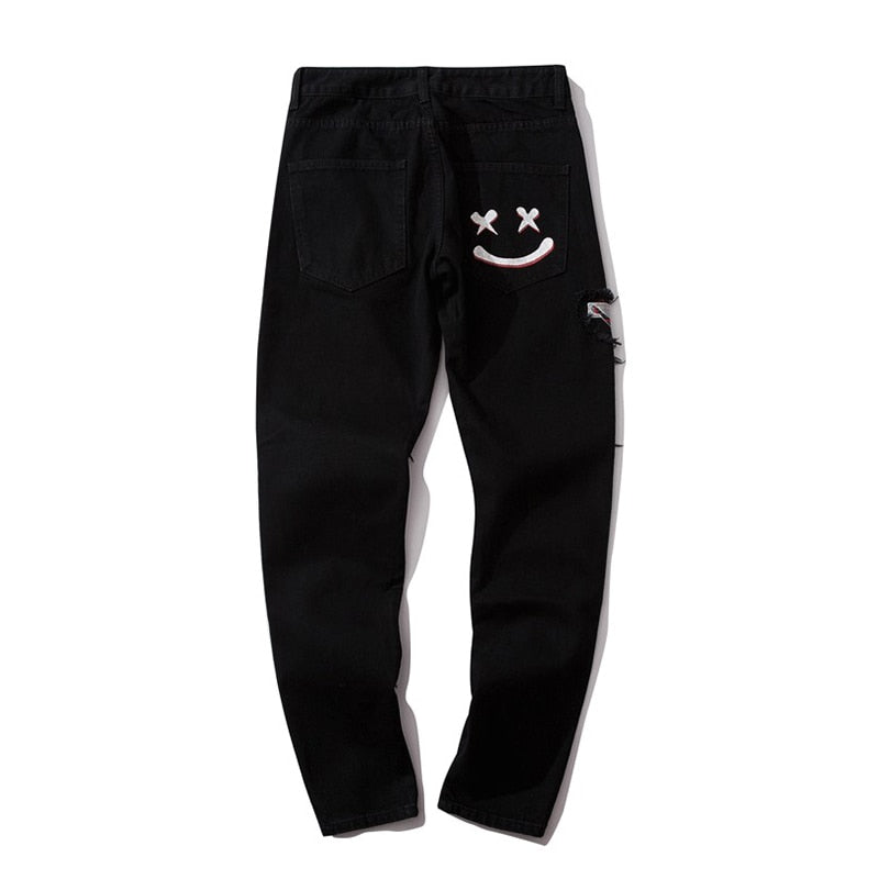 Crucifix Embroidery Patchwork Men Ripped Knee Jeans