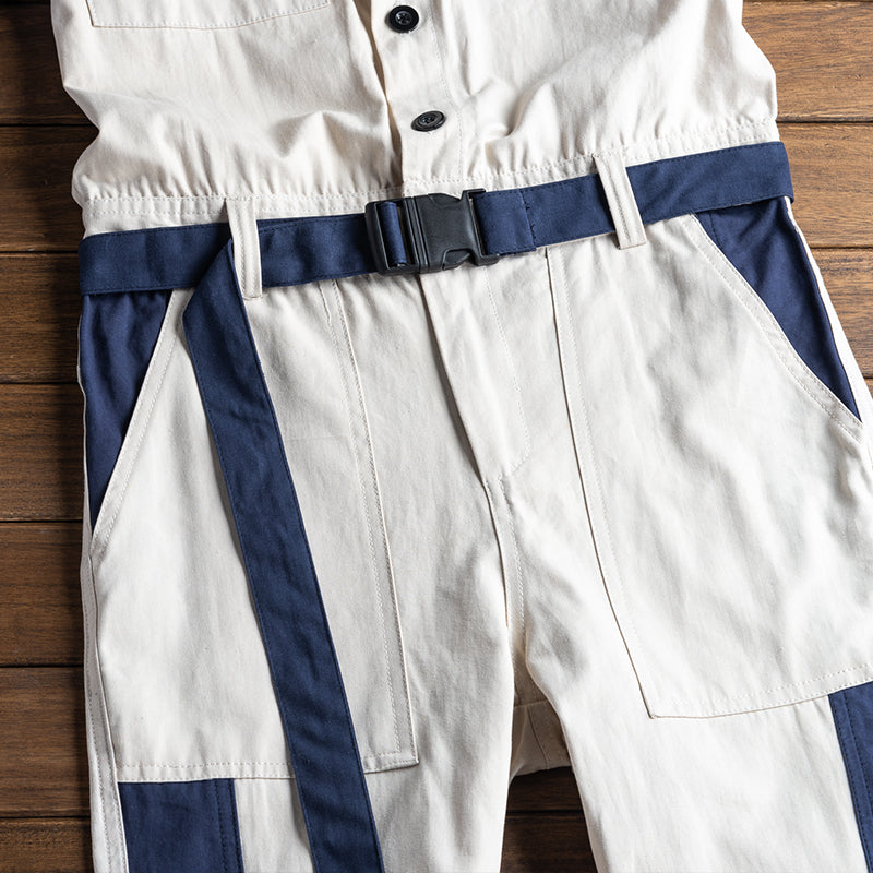 Contrast Color Lines Men Belted Denim Coveralls