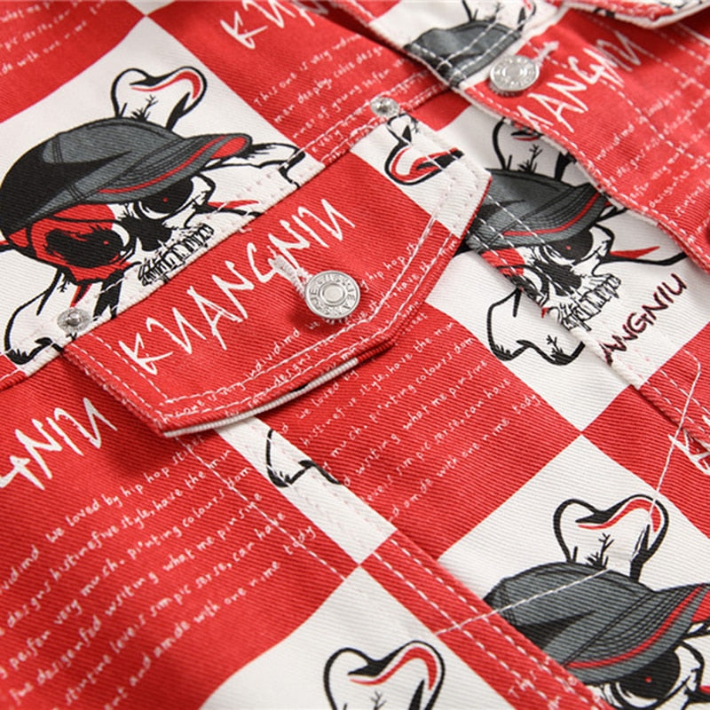 Skull Checkered Prints Men Vintage Cut Jacket