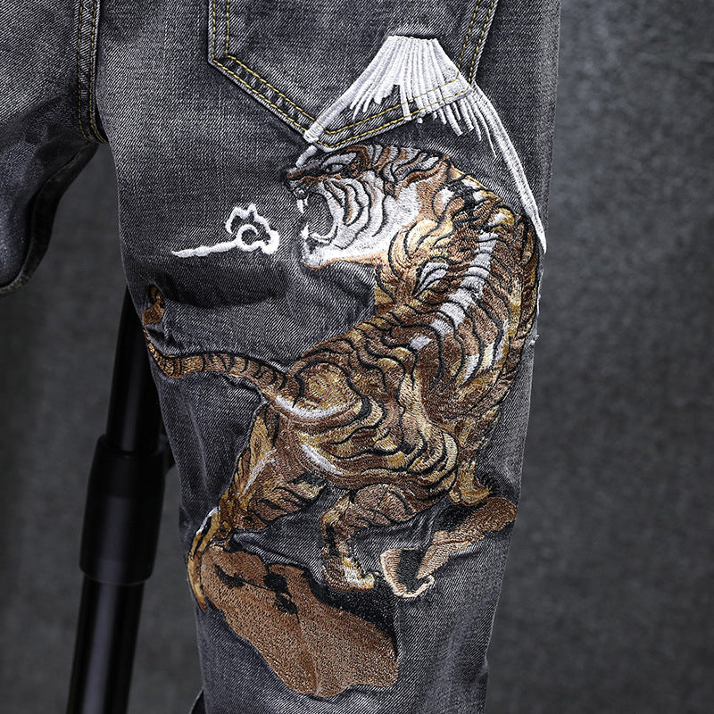 Bold Tiger Embroidery Men Grey Straight Jeans