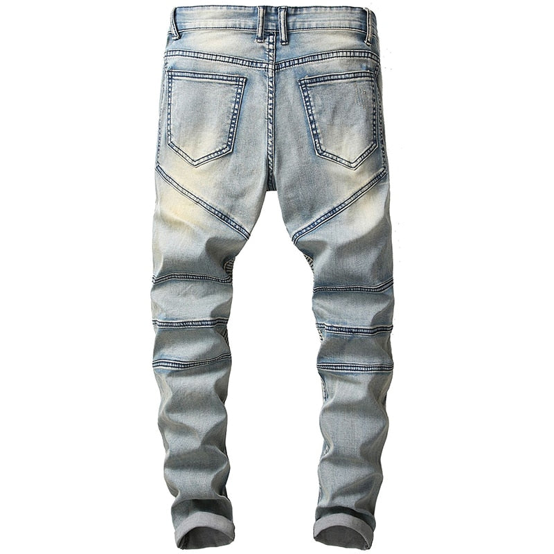 Vintage Light Blue Pleated Motorcycle Style Men Jeans
