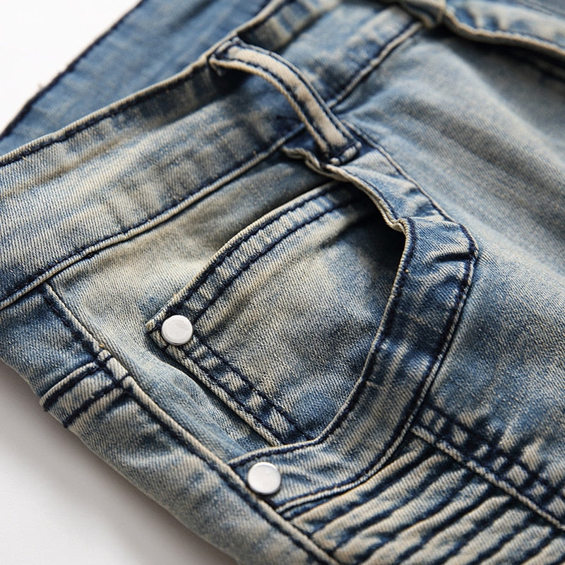 Vintage Light Blue Pleated Motorcycle Style Men Jeans