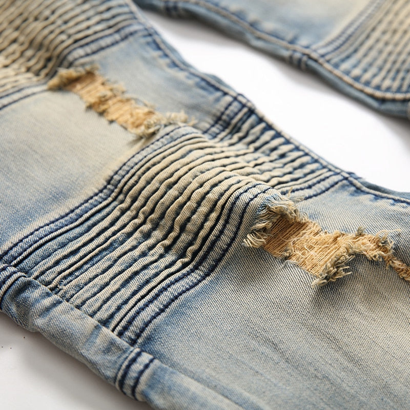 Vintage Light Blue Pleated Motorcycle Style Men Jeans