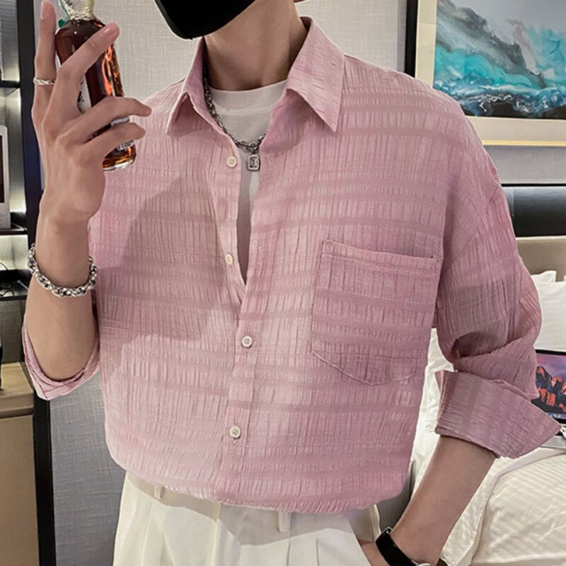 Solid Color Pleated Jacquard Shirt