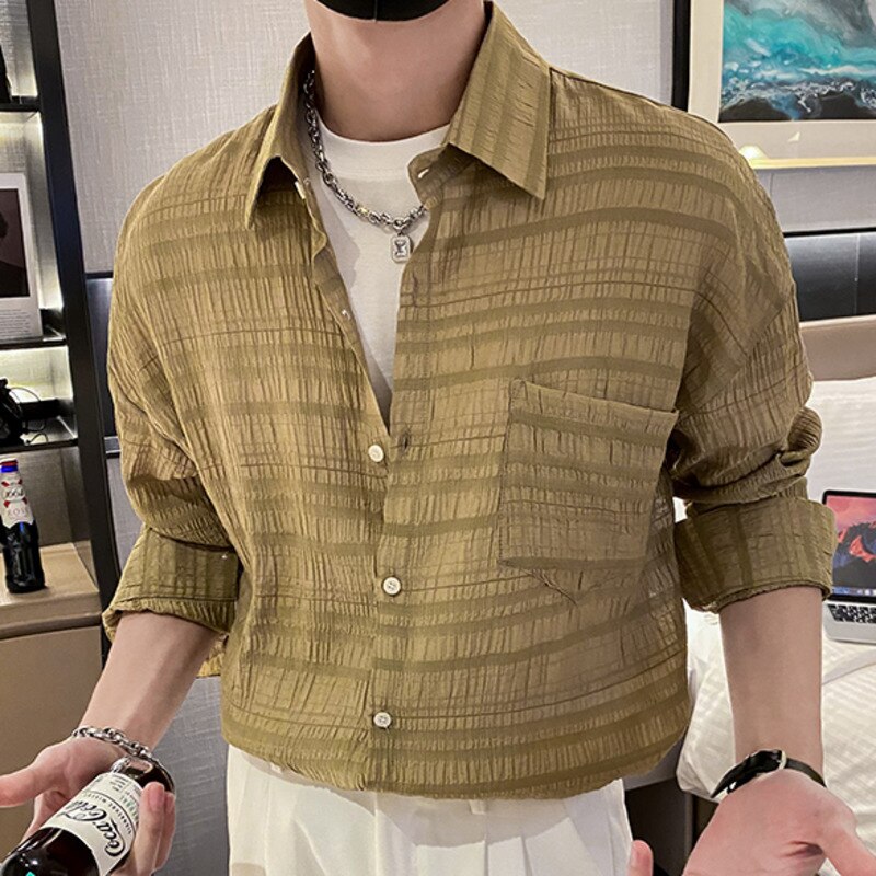Solid Color Pleated Jacquard Shirt