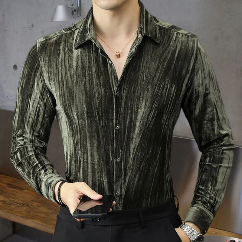 Solid Pleated Slim Fit Long Sleeve Shirt