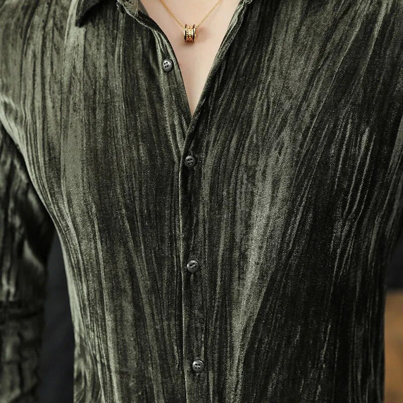 Solid Pleated Slim Fit Long Sleeve Shirt